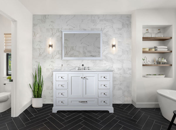 Lexora Collection Dukes 48 inch Single Bath Vanity, Carrara Marble Top, and Faucet Set - Luxe Bathroom Vanities