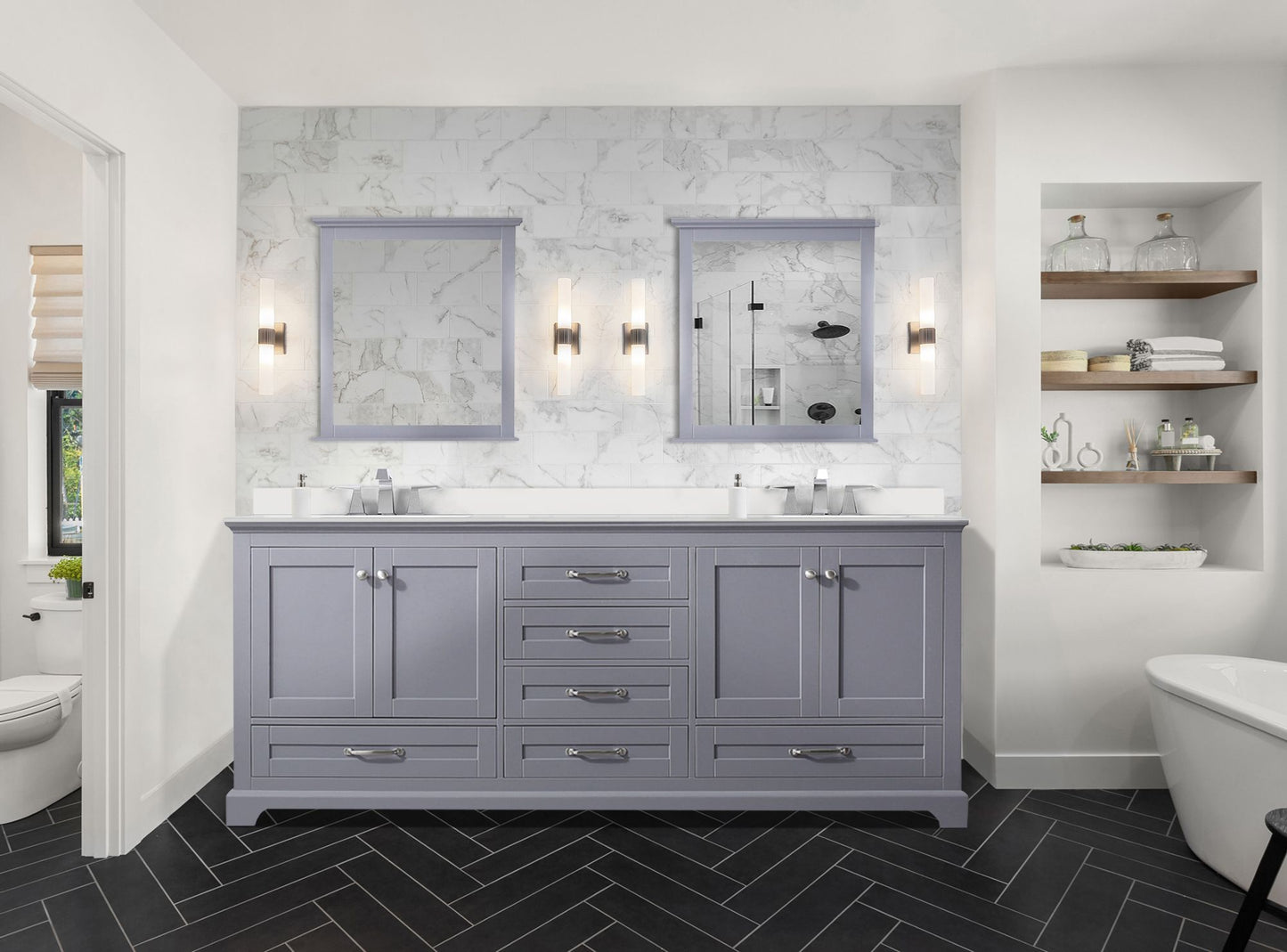 Lexora Collection Dukes 80 inch Double Bath Vanity, White Quartz Top, and Faucet Set - Luxe Bathroom Vanities