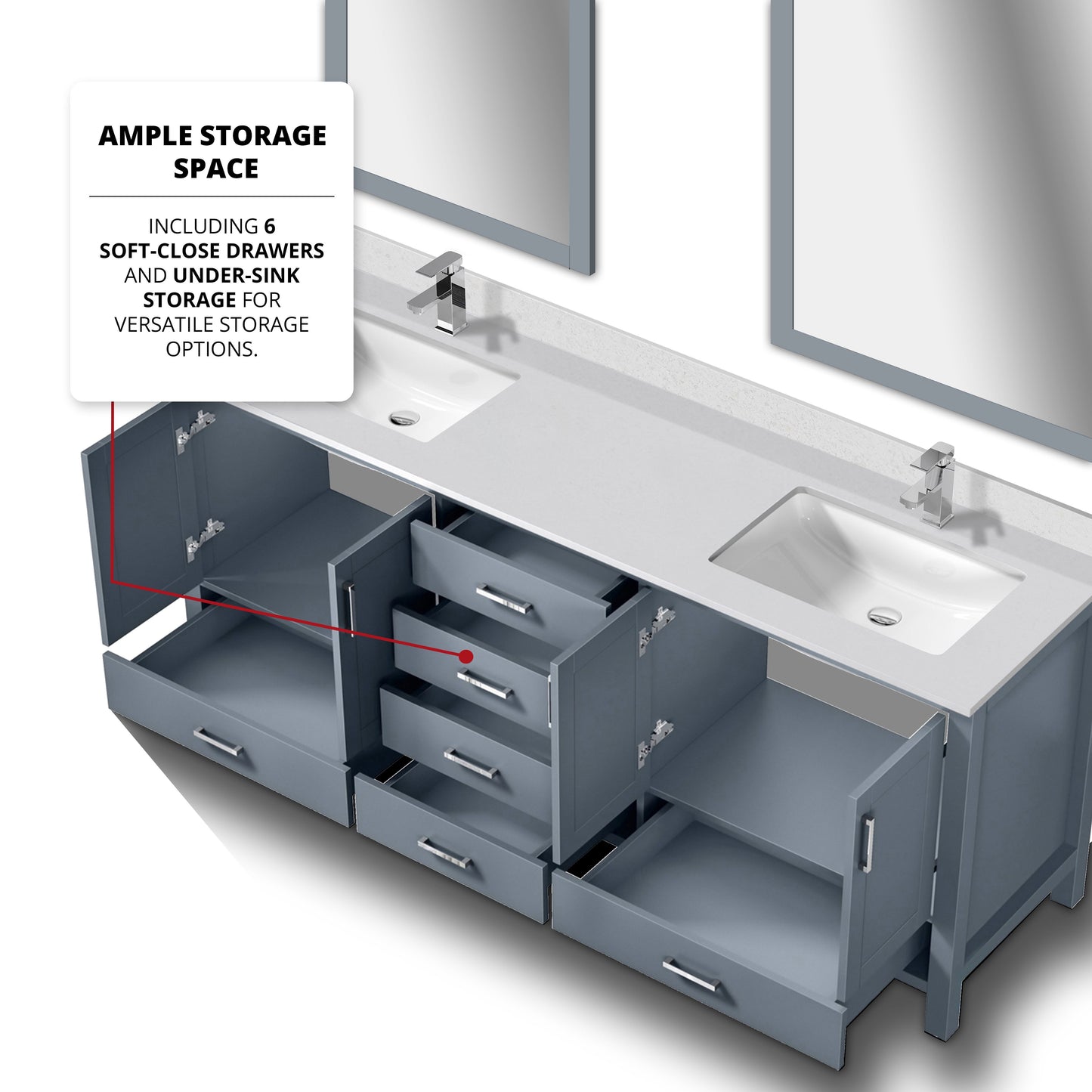 Lexora Collection Jacques 80 inch Double Bath Vanity, Top, and 30 inch Mirrors - Luxe Bathroom Vanities