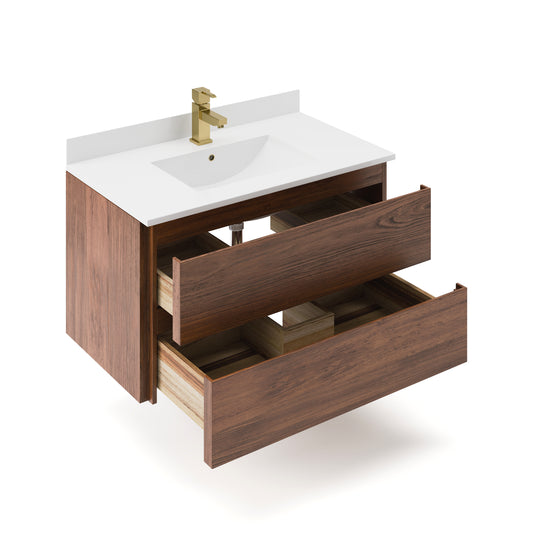 Fresca Formosa Warm Walnut Wall Hung Modern Bathroom Cabinet with Top & Sink