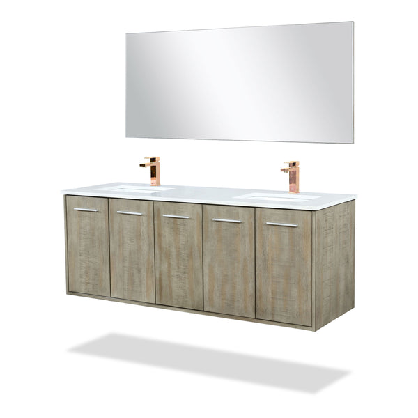 Lexora Collection Fairbanks 60 inch Rustic Acacia Double Bath Vanity, White Quartz Top, Faucet Set and 55 inch Mirror - Luxe Bathroom Vanities