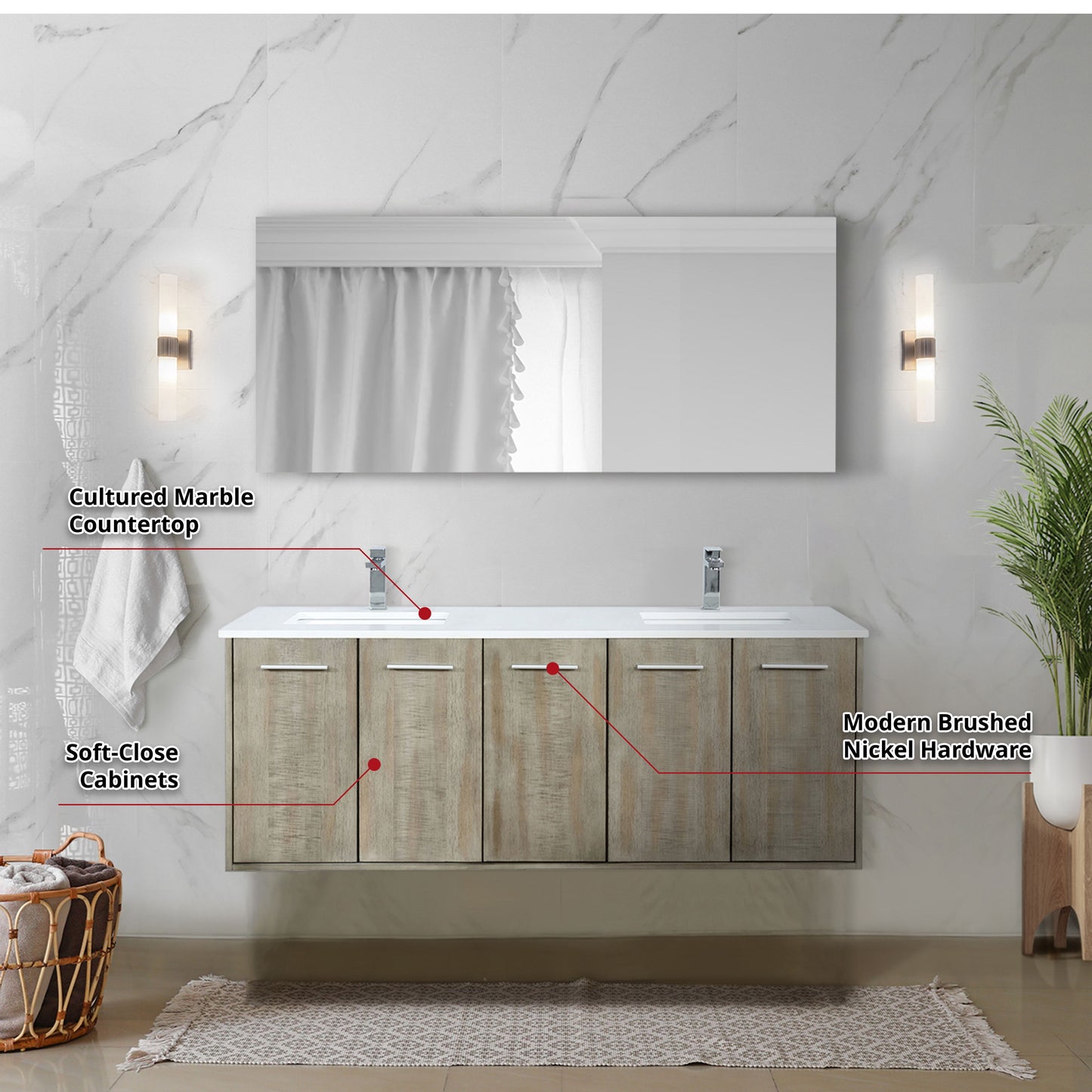 Lexora Collection Fairbanks 60 inch Rustic Acacia Double Bath Vanity, Cultured Marble Top, Faucet Set and 55 inch Mirror - Luxe Bathroom Vanities