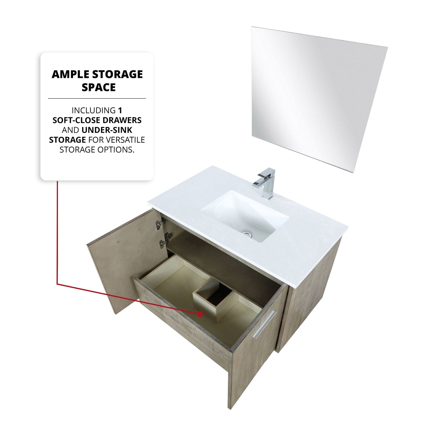 Lexora Collection Fairbanks 36 inch Rustic Acacia Bath Vanity, White Quartz Top, Faucet Set and 28 inch Mirror - Luxe Bathroom Vanities