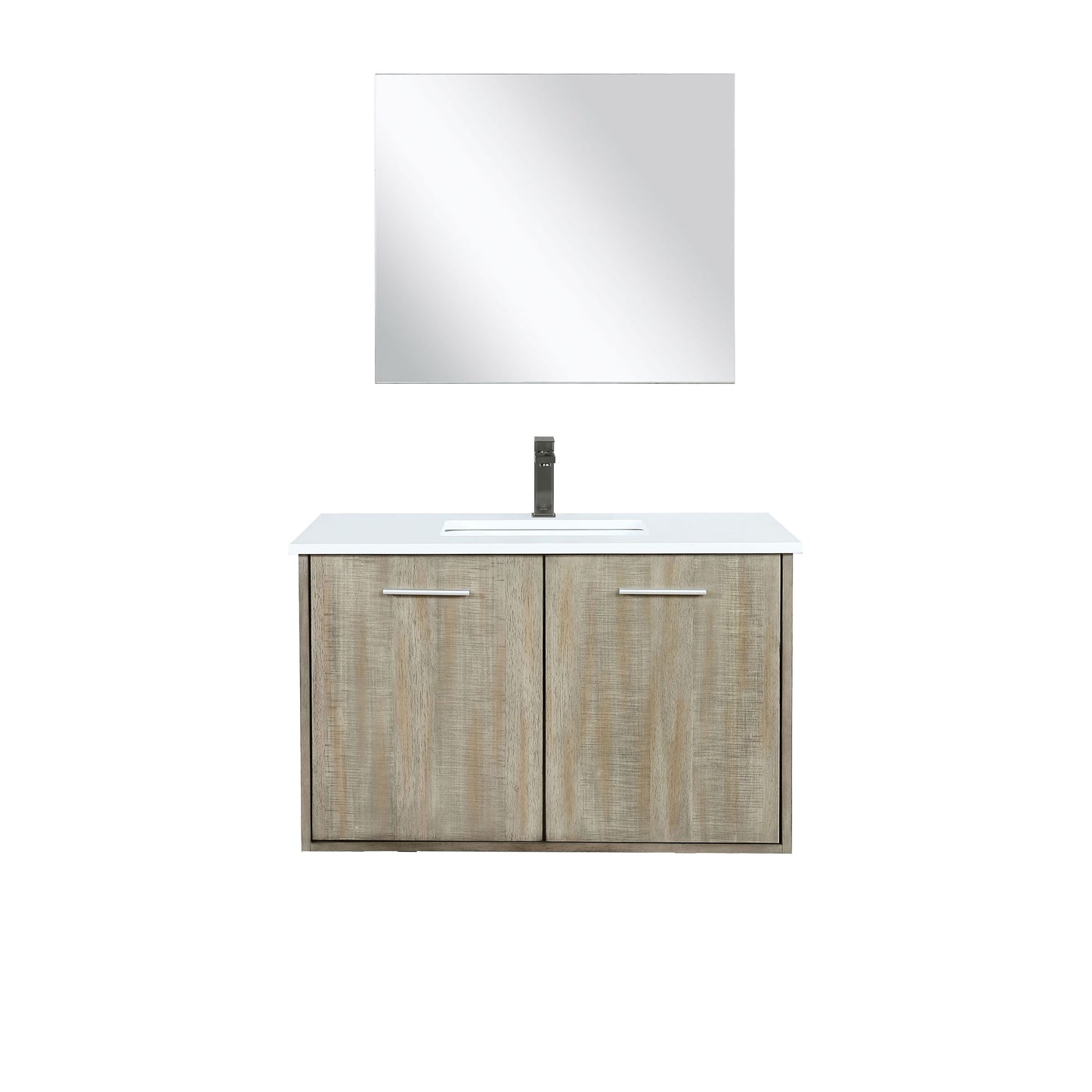 Lexora Collection Fairbanks 36 inch Rustic Acacia Bath Vanity, White Quartz Top, Faucet Set and 28 inch Mirror - Luxe Bathroom Vanities