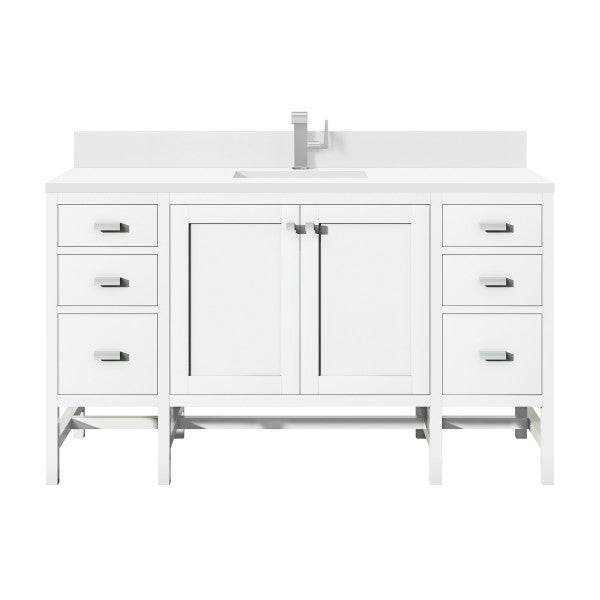 Addison 60" Single Vanity, Glossy White w/ Single Hole 3 CM White Zeus Silestone Top & Backsplash - Luxe Bathroom Vanities
