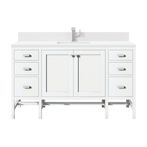 Addison 60" Single Vanity, Glossy White w/ Single Hole 3 CM White Zeus Silestone Top & Backsplash - Luxe Bathroom Vanities