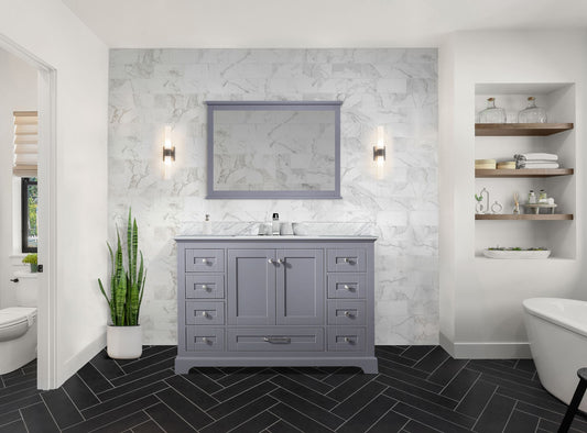 Lexora Collection Dukes 48 inch Single Bath Vanity, Carrara Marble Top, Faucet Set, and 46 inch Mirror - Luxe Bathroom Vanities
