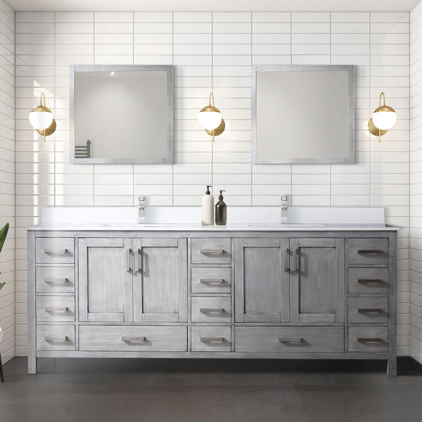 Lexora Collection Jacques 84 inch Double Bath Vanity, White Quartz Top, Faucet Set, and 34 inch Mirrors - Luxe Bathroom Vanities