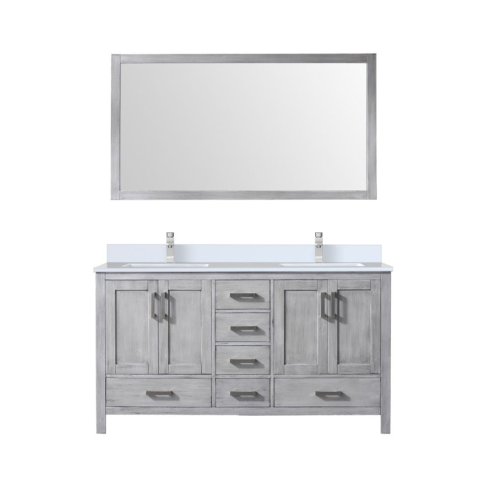 Lexora Collection Jacques 60 inch Double Bath Vanity, White Quartz Top, Faucet Set, and 58 inch Mirror - Luxe Bathroom Vanities