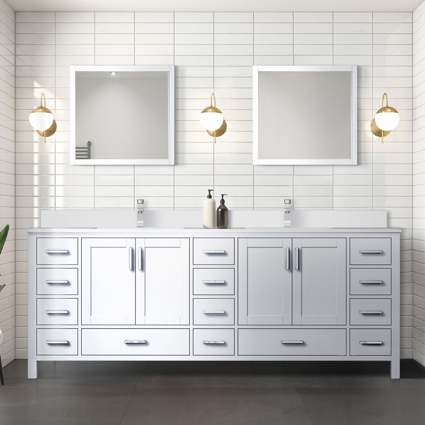 Lexora Collection Jacques 84 inch Double Bath Vanity, White Quartz Top, and 34 inch Mirrors - Luxe Bathroom Vanities