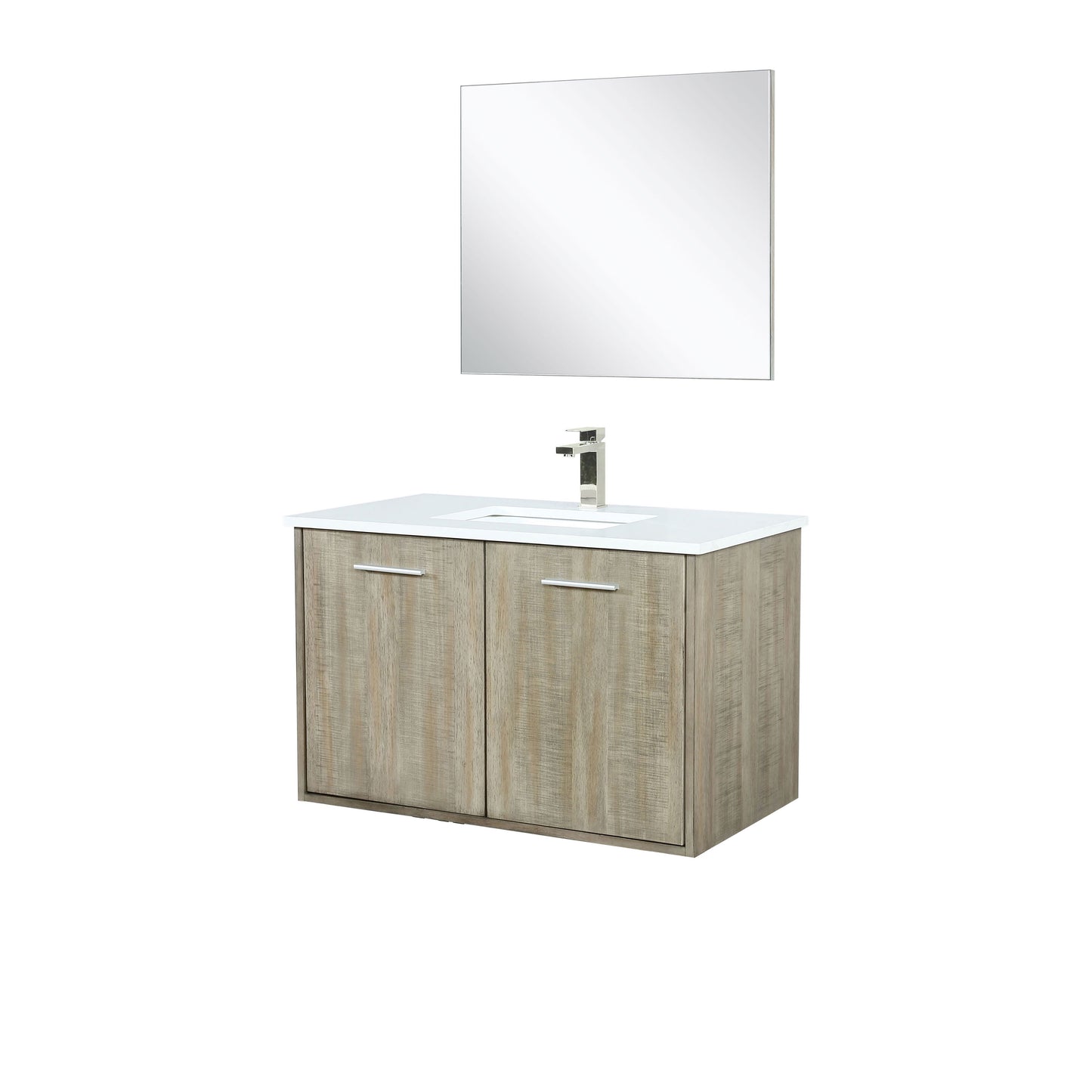 Lexora Collection Fairbanks 36 inch Rustic Acacia Bath Vanity, White Quartz Top, Faucet Set and 28 inch Mirror - Luxe Bathroom Vanities