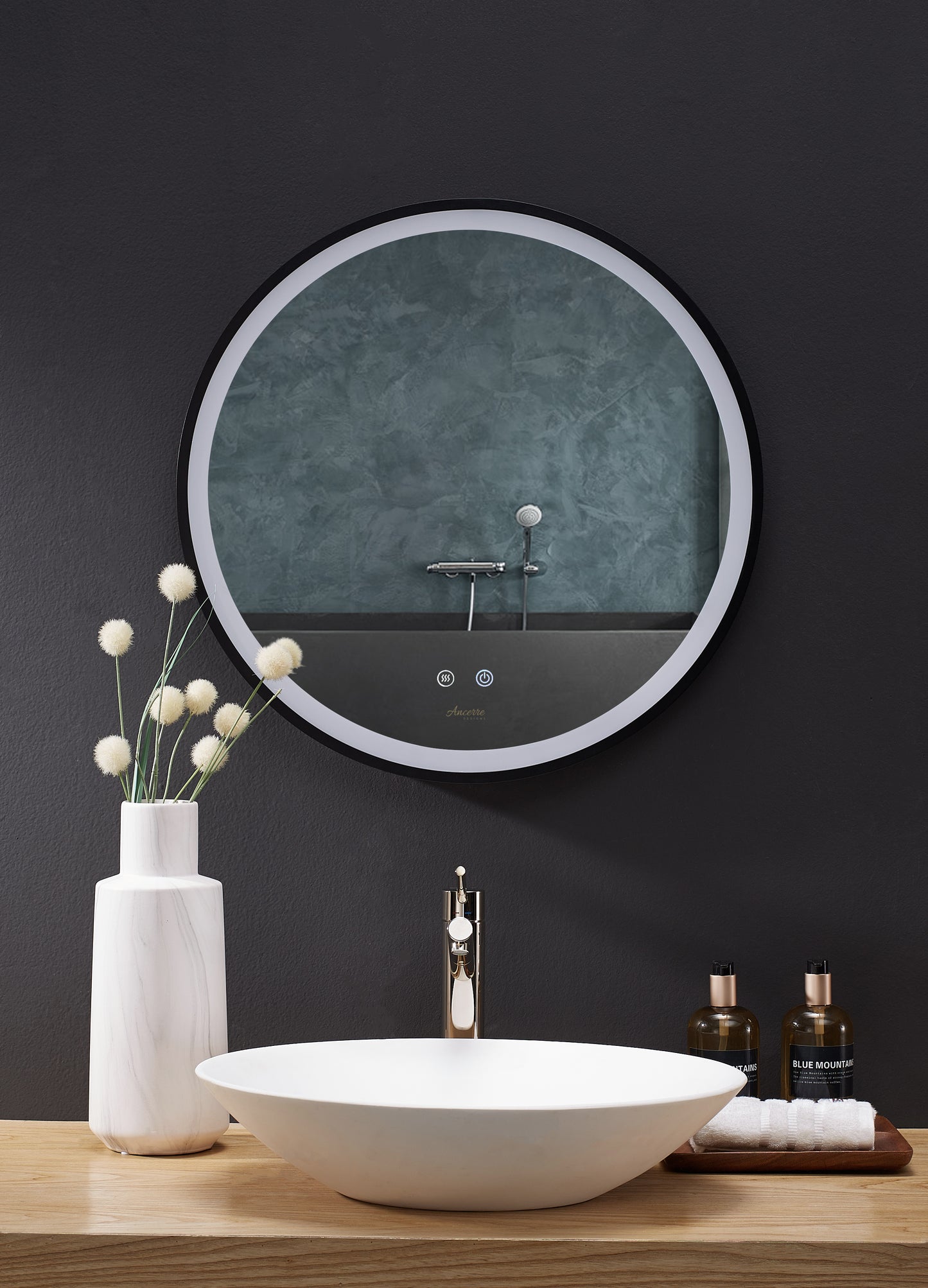 CIRQUE 24 in. Round LED Black Framed Mirror with Defogger and Dimmer