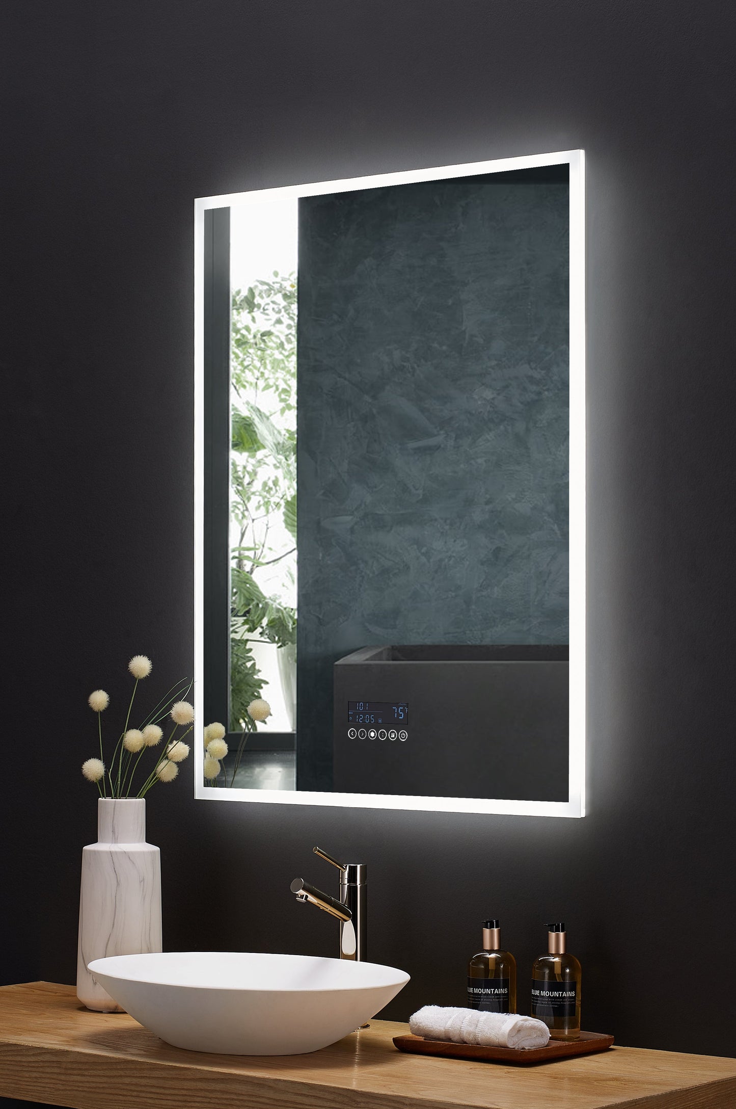 IMMERSION 30 in. x 40 in. LED Frameless Mirror with Bluetooth, Defogger and Digital Display