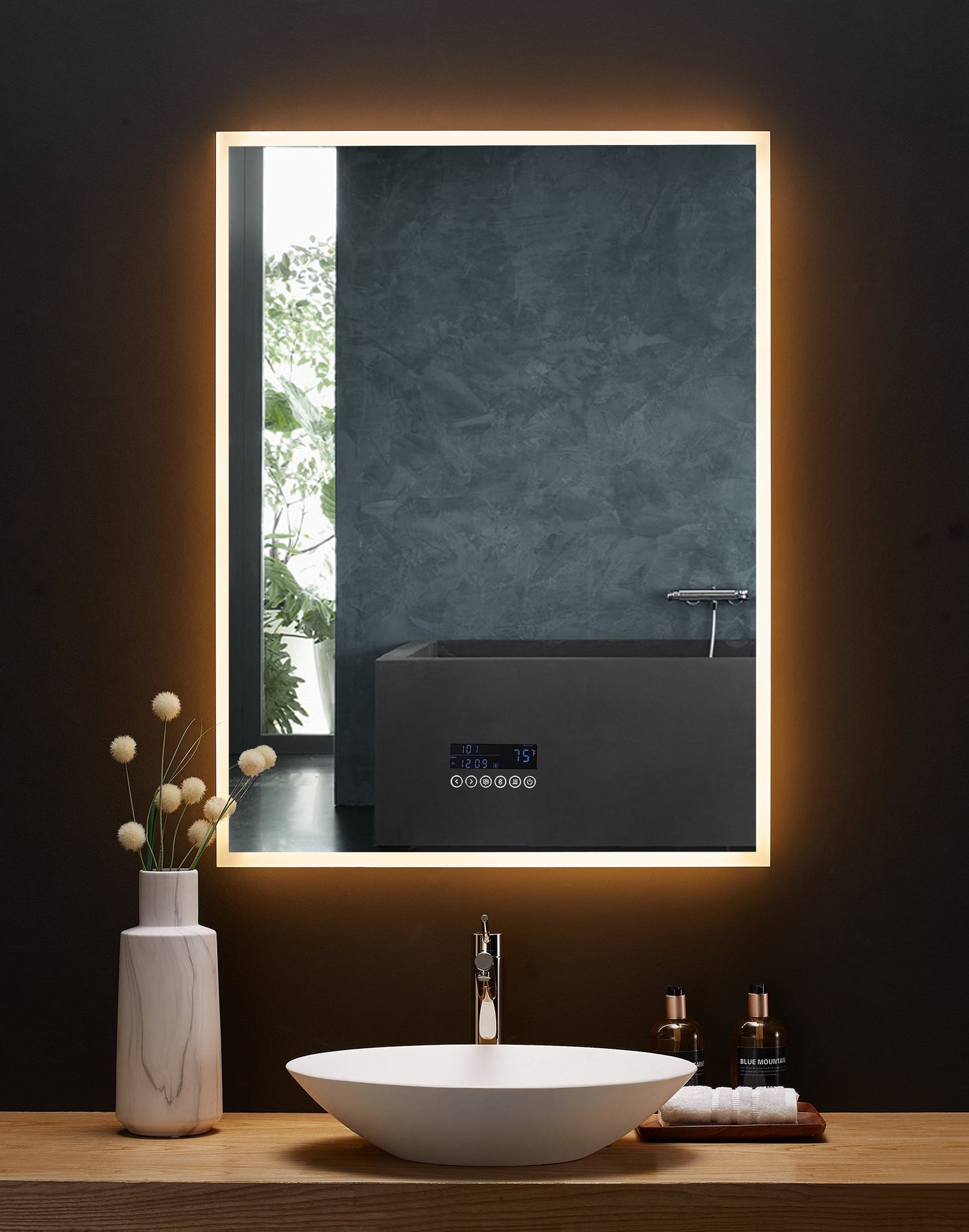 IMMERSION 30 in. x 40 in. LED Frameless Mirror with Bluetooth, Defogger and Digital Display