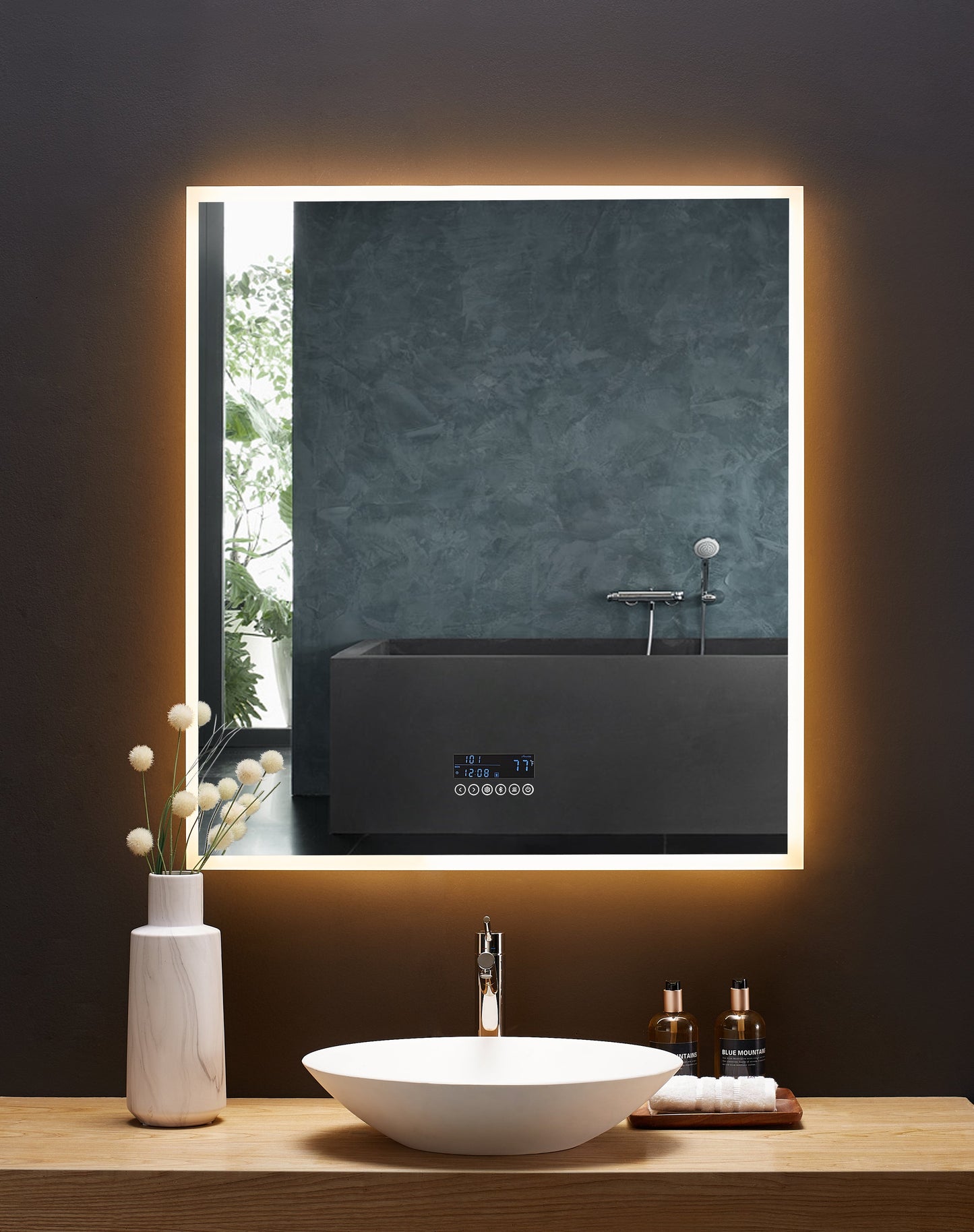 IMMERSION 30 in. x 40 in. LED Frameless Mirror with Bluetooth, Defogger and Digital Display