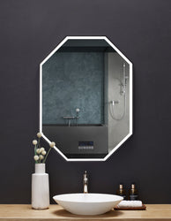 OTTO 30 in. x 40 in. LED Octagon Black Framed Mirror with Bluetooth and Digital Display