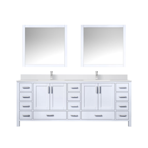 Lexora Collection Jacques 84 inch Double Bath Vanity, White Quartz Top, Faucet Set, and 34 inch Mirrors - Luxe Bathroom Vanities