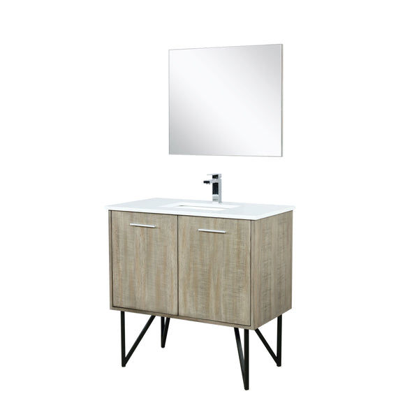 Lexora Collection Lancy 36 inch Rustic Acacia Bath Vanity, White Quartz Top, Faucet Set and 28 inch Mirror - Luxe Bathroom Vanities