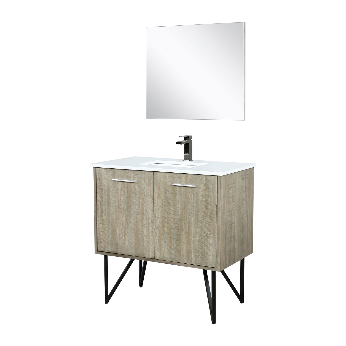 Lexora Collection Lancy 36 inch Rustic Acacia Bath Vanity, White Quartz Top, Faucet Set and 28 inch Mirror - Luxe Bathroom Vanities