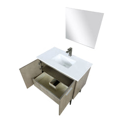 Lexora Collection Lancy 36 inch Rustic Acacia Bath Vanity, White Quartz Top, Faucet Set and 28 inch Mirror - Luxe Bathroom Vanities