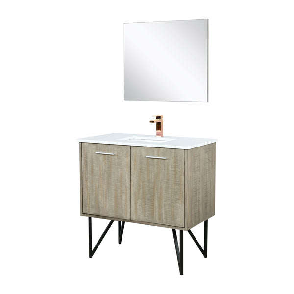 Lexora Collection Lancy 36 inch Rustic Acacia Bath Vanity, White Quartz Top, Faucet Set and 28 inch Mirror - Luxe Bathroom Vanities