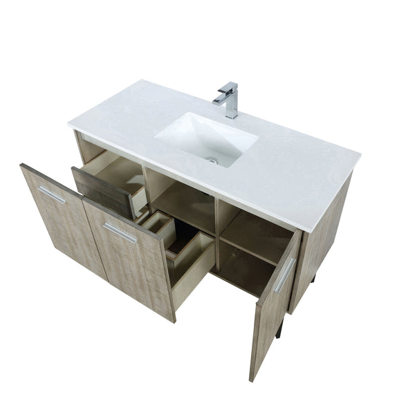 Lexora Collection Lancy 48 inch Rustic Acacia Bath Vanity, White Quartz Top and Faucet Set - Luxe Bathroom Vanities