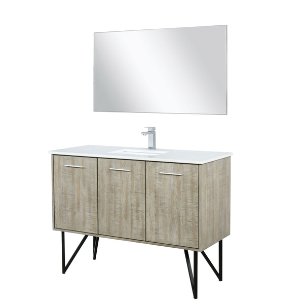 Lexora Collection Lancy 48 inch Rustic Acacia Bath Vanity, White Quartz Top, Faucet Set and 43 inch Mirror - Luxe Bathroom Vanities