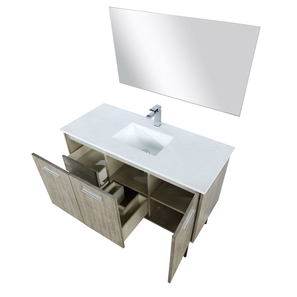 Lexora Collection Lancy 48 inch Rustic Acacia Bath Vanity, White Quartz Top, Faucet Set and 43 inch Mirror - Luxe Bathroom Vanities