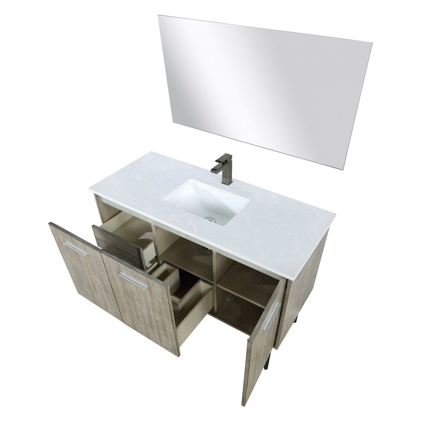 Lexora Collection Lancy 48 inch Rustic Acacia Bath Vanity, White Quartz Top, Faucet Set and 43 inch Mirror - Luxe Bathroom Vanities