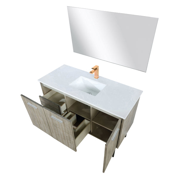 Lexora Collection Lancy 48 inch Rustic Acacia Bath Vanity, White Quartz Top, Faucet Set and 43 inch Mirror - Luxe Bathroom Vanities