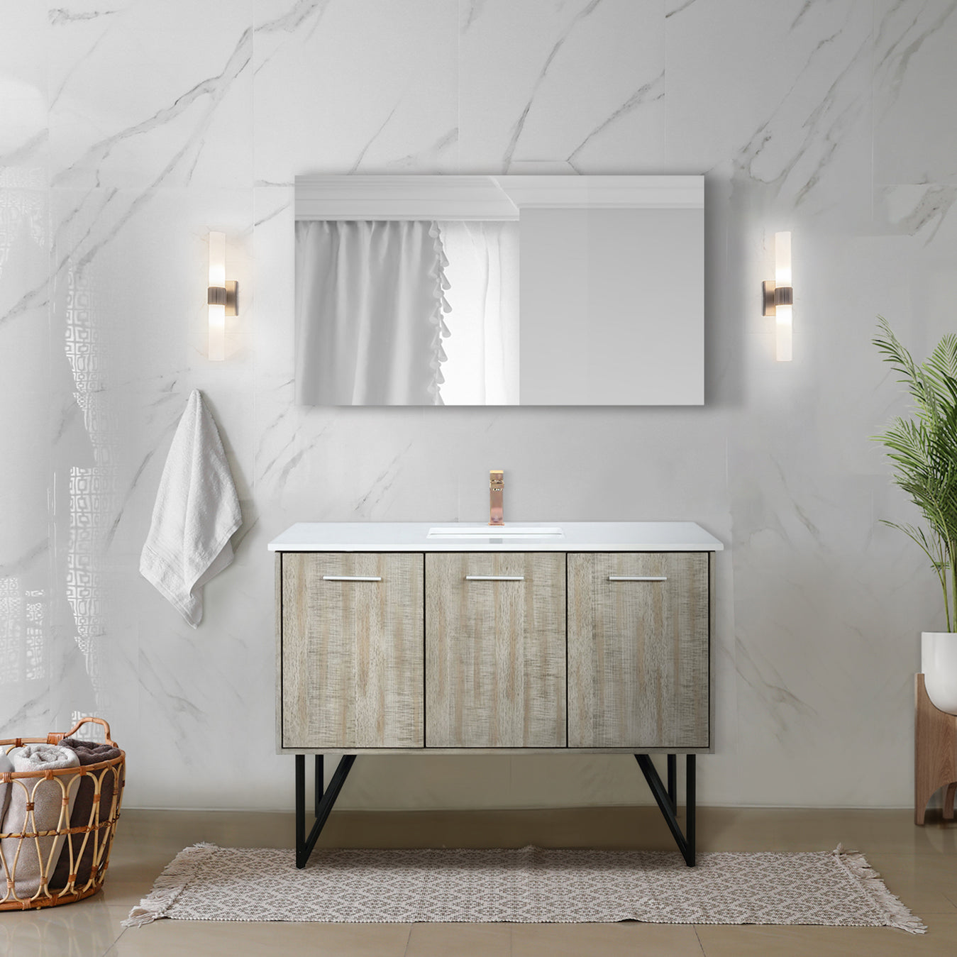Lexora Collection Lancy 48 inch Rustic Acacia Bath Vanity, White Quartz Top and Faucet Set - Luxe Bathroom Vanities