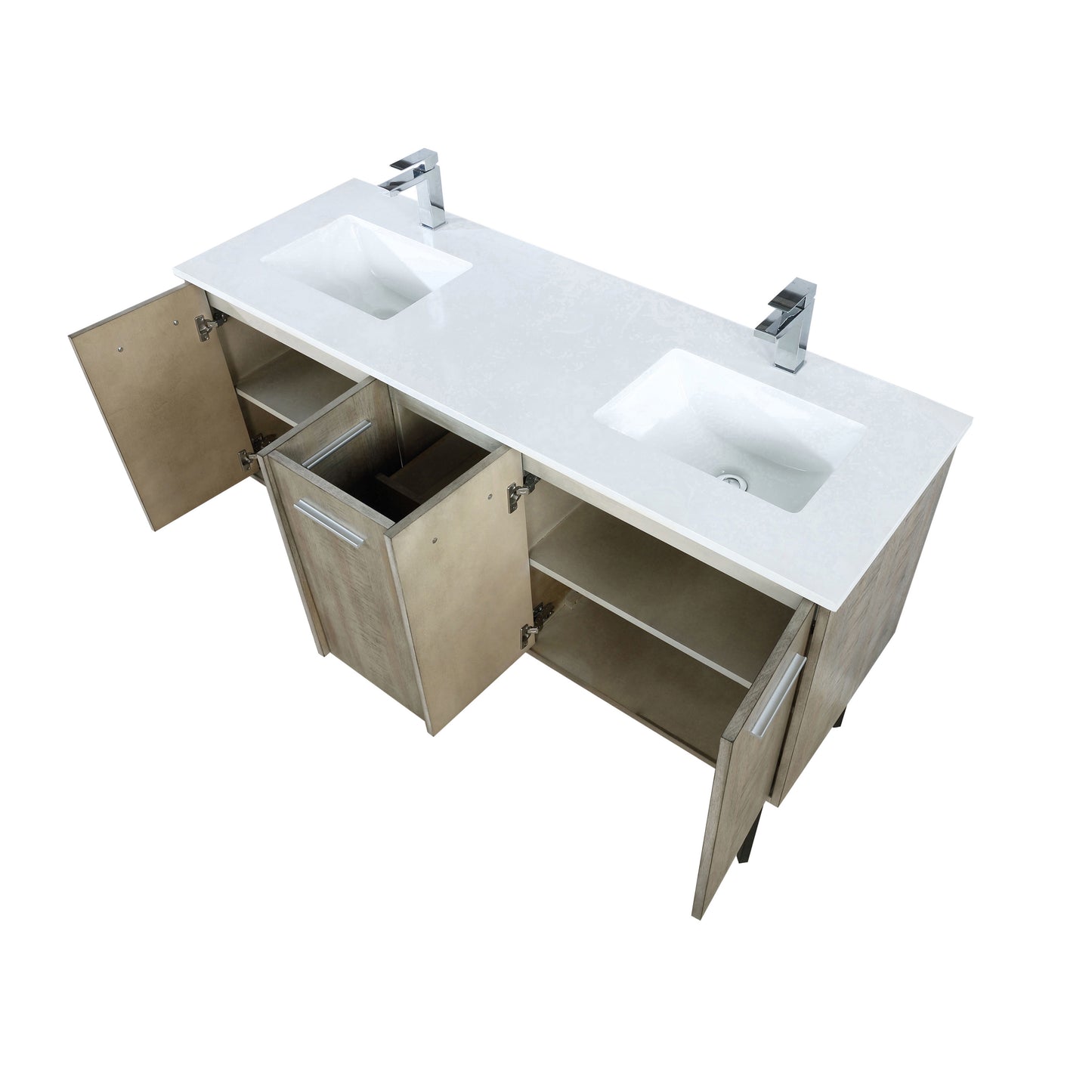 Lexora Collection Lancy 60 inch Rustic Acacia Double Bath Vanity, White Quartz Top and Faucet Set - Luxe Bathroom Vanities