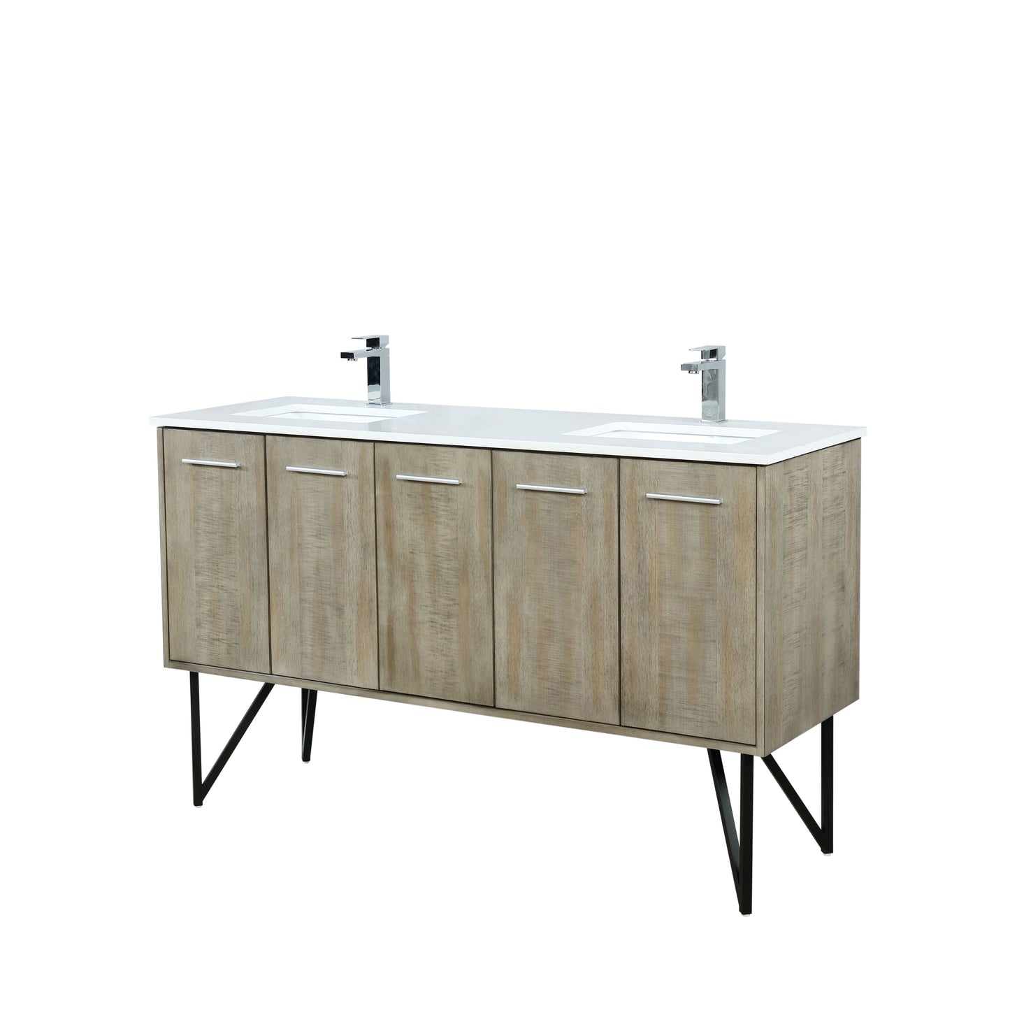 Lexora Collection Lancy 60 inch Rustic Acacia Double Bath Vanity, White Quartz Top and Faucet Set - Luxe Bathroom Vanities