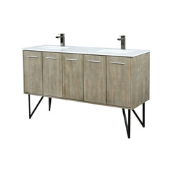 Lexora Collection Lancy 60 inch Rustic Acacia Double Bath Vanity, White Quartz Top and Faucet Set - Luxe Bathroom Vanities