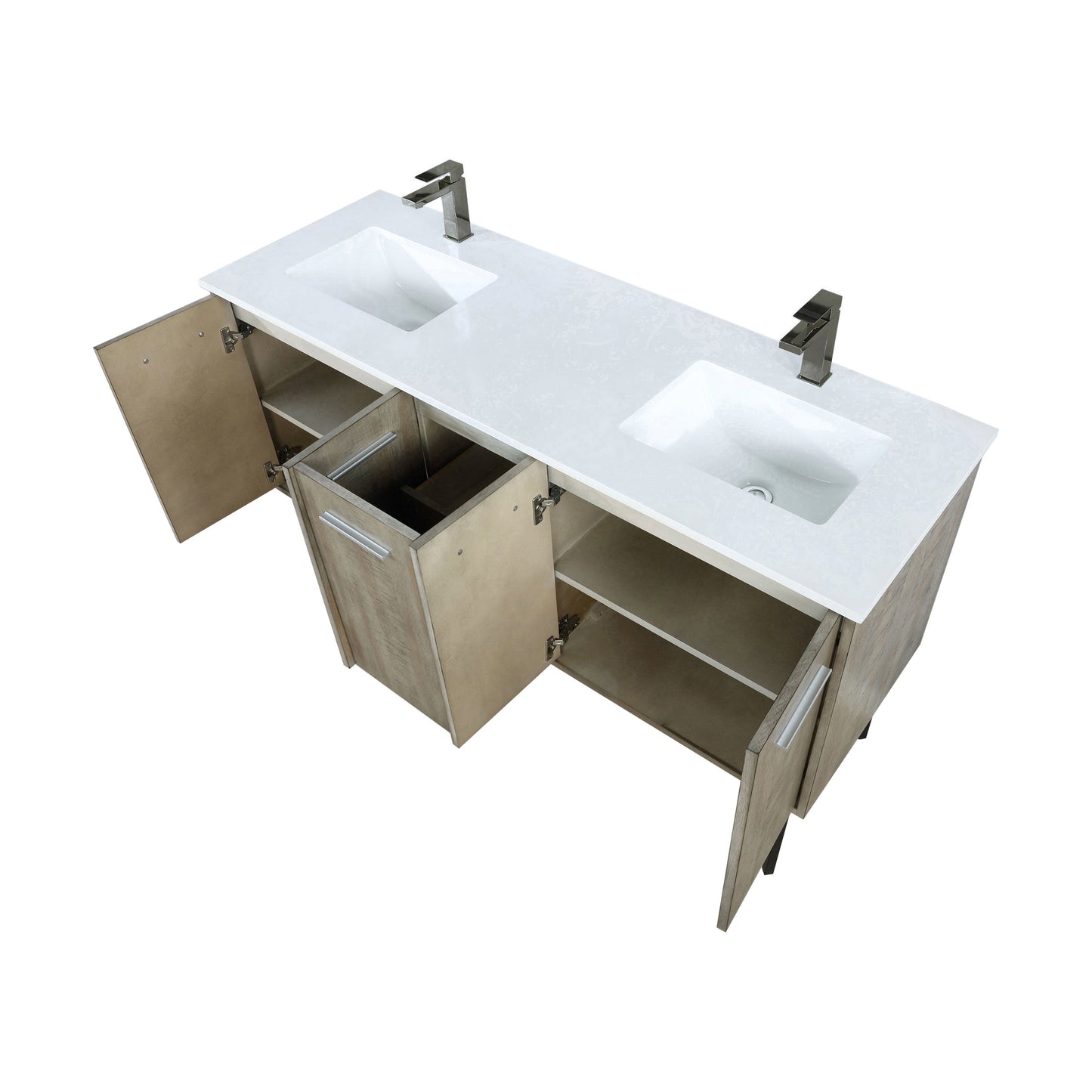 Lexora Collection Lancy 60 inch Rustic Acacia Double Bath Vanity, White Quartz Top and Faucet Set - Luxe Bathroom Vanities