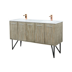 Lexora Collection Lancy 60 inch Rustic Acacia Double Bath Vanity, White Quartz Top and Faucet Set - Luxe Bathroom Vanities