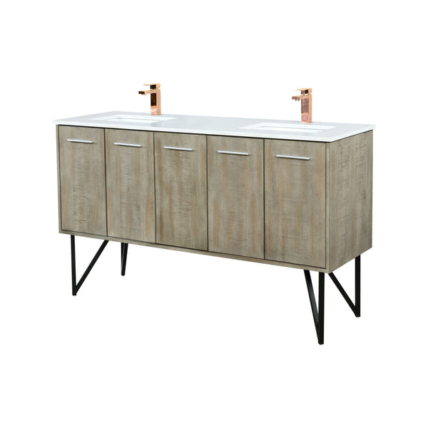 Lexora Collection Lancy 60 inch Rustic Acacia Double Bath Vanity, White Quartz Top and Faucet Set - Luxe Bathroom Vanities