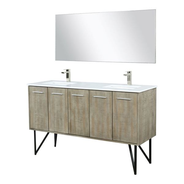 Lexora Collection Lancy 60 inch Rustic Acacia Double Bath Vanity, White Quartz Top, Faucet Set and 55 inch Mirror - Luxe Bathroom Vanities