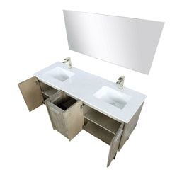 Lexora Collection Lancy 60 inch Rustic Acacia Double Bath Vanity, White Quartz Top, Faucet Set and 55 inch Mirror - Luxe Bathroom Vanities