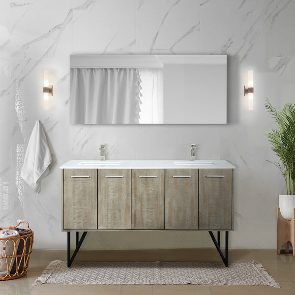 Lexora Collection Lancy 60 inch Rustic Acacia Double Bath Vanity, Cultured Marble Top, Faucet Set and 55 inch Mirror - Luxe Bathroom Vanities