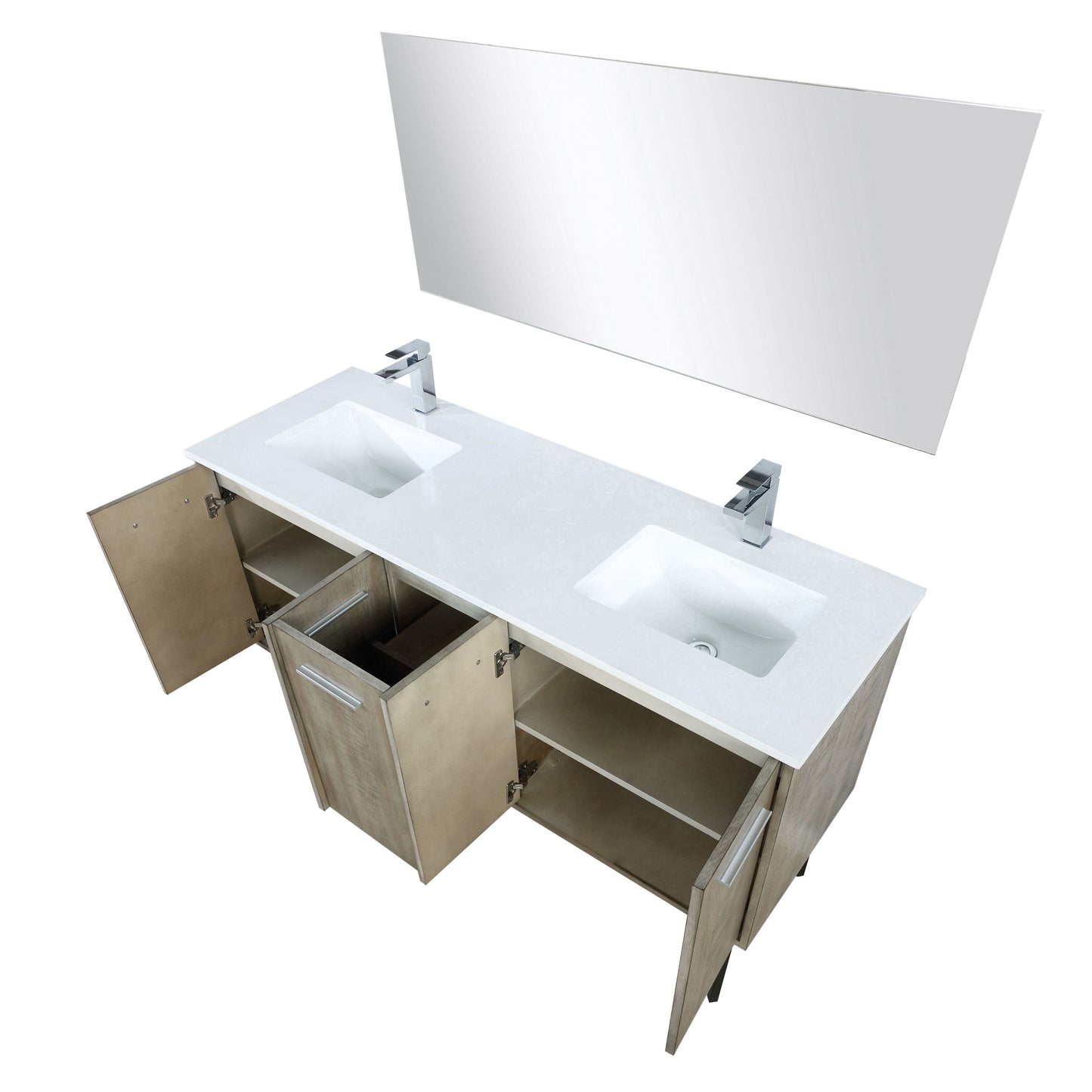 Lexora Collection Lancy 60 inch Rustic Acacia Double Bath Vanity, White Quartz Top, Faucet Set and 55 inch Mirror - Luxe Bathroom Vanities