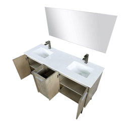 Lexora Collection Lancy 60 inch Rustic Acacia Double Bath Vanity, White Quartz Top, Faucet Set and 55 inch Mirror - Luxe Bathroom Vanities