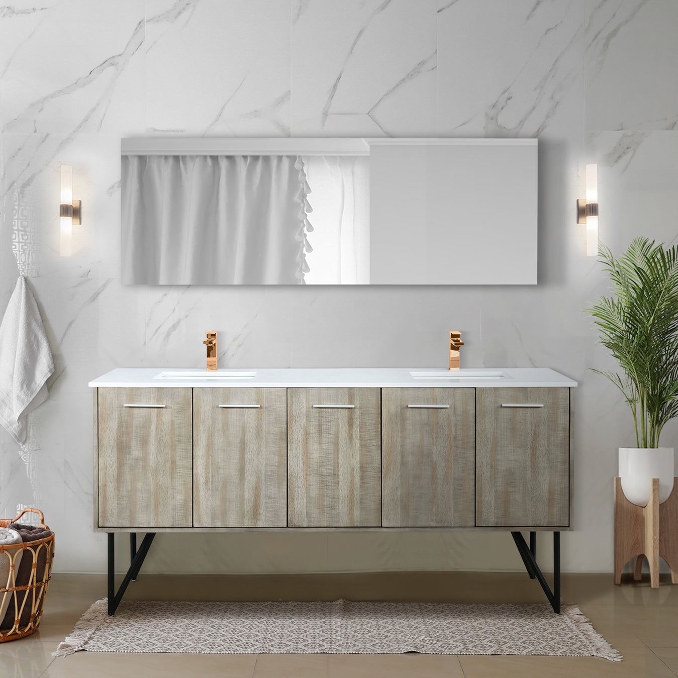 Lexora Collection Lancy 72 inch Rustic Acacia Double Bath Vanity, Cultured Marble Top, Faucet Set and 70 inch Mirror - Luxe Bathroom Vanities