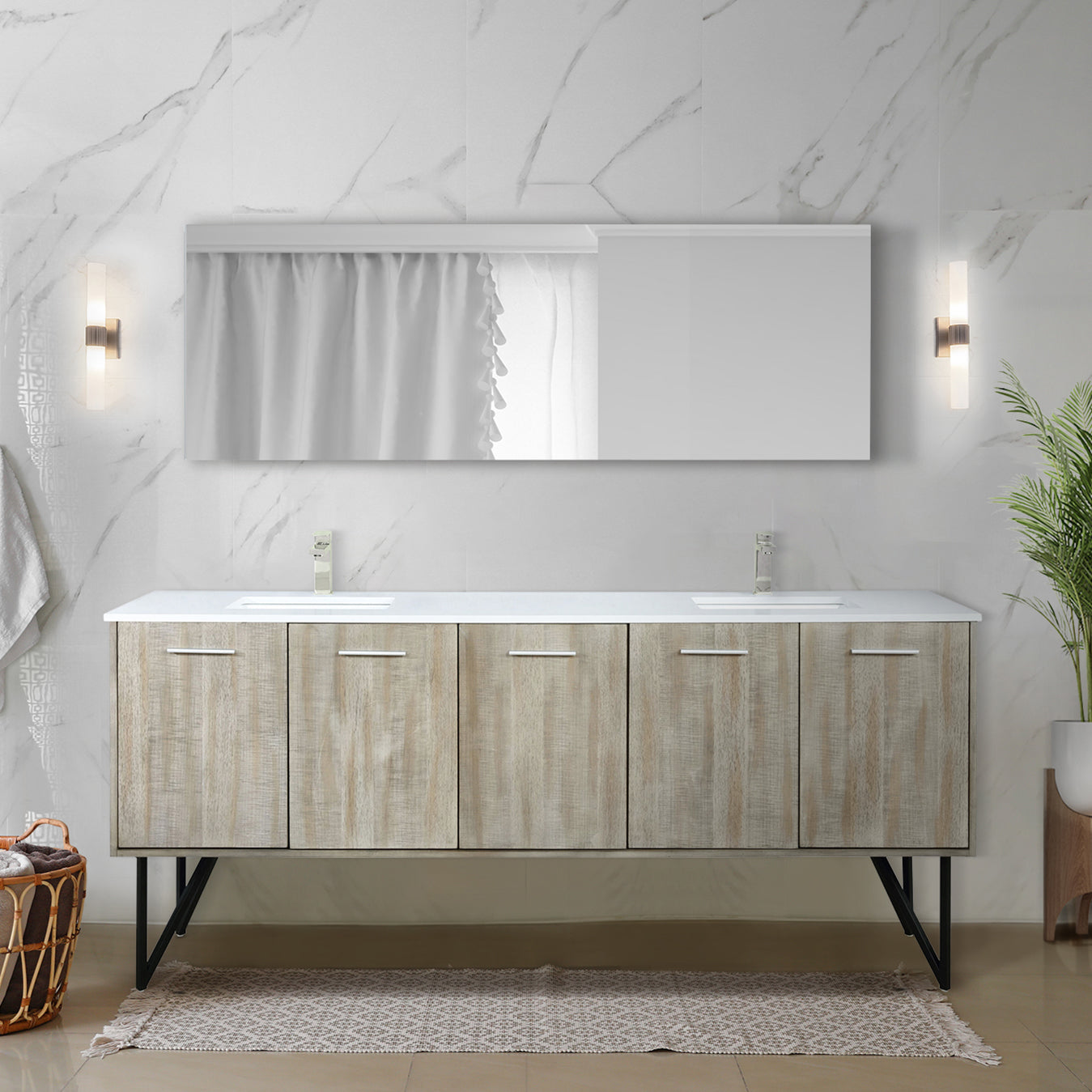 Lexora Collection Lancy 80 inch Rustic Acacia Double Bath Vanity, White Quartz Top and Faucet Set - Luxe Bathroom Vanities