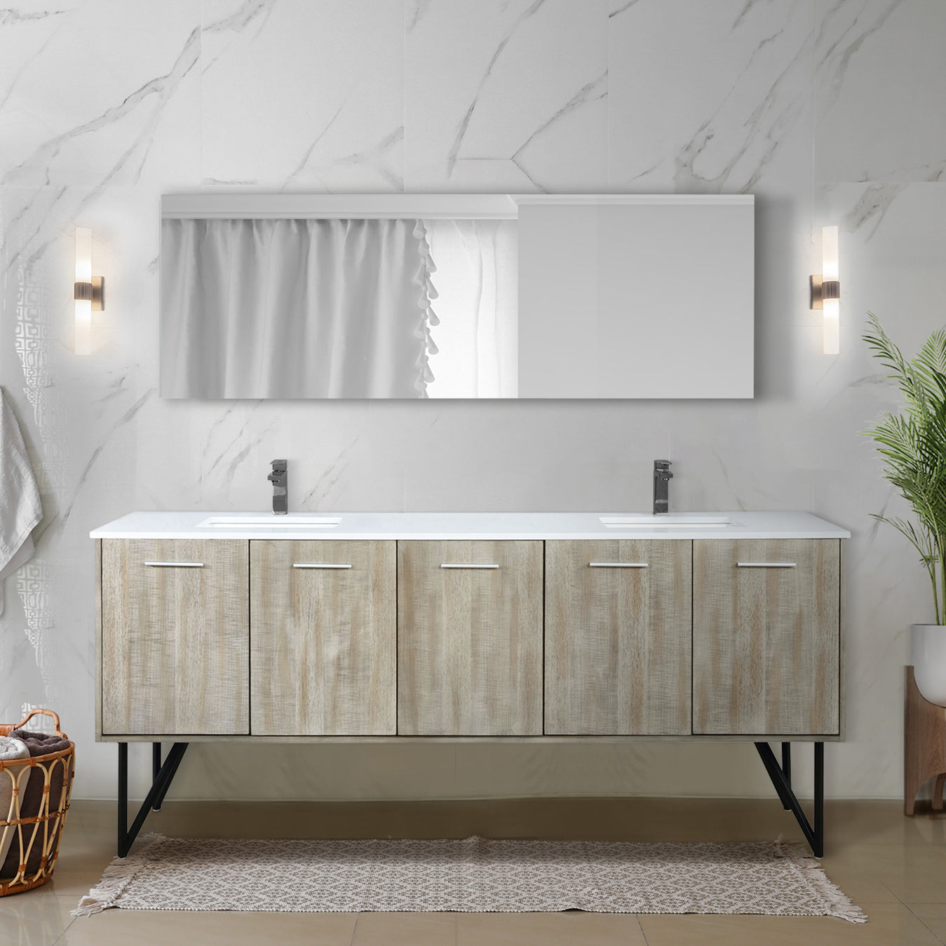 Lexora Collection Lancy 80 inch Rustic Acacia Double Bath Vanity, White Quartz Top and Faucet Set - Luxe Bathroom Vanities