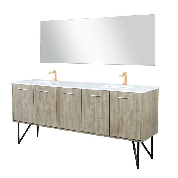 Lexora Collection Lancy 80 inch Rustic Acacia Double Bath Vanity, Cultured Marble Top, Faucet Set and 70 inch Mirror - Luxe Bathroom Vanities