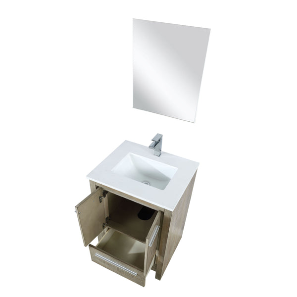 Lexora Collection Lafarre 24 inch Rustic Acacia Bath Vanity, White Quartz Top, Faucet Set and 18 inch Mirror - Luxe Bathroom Vanities