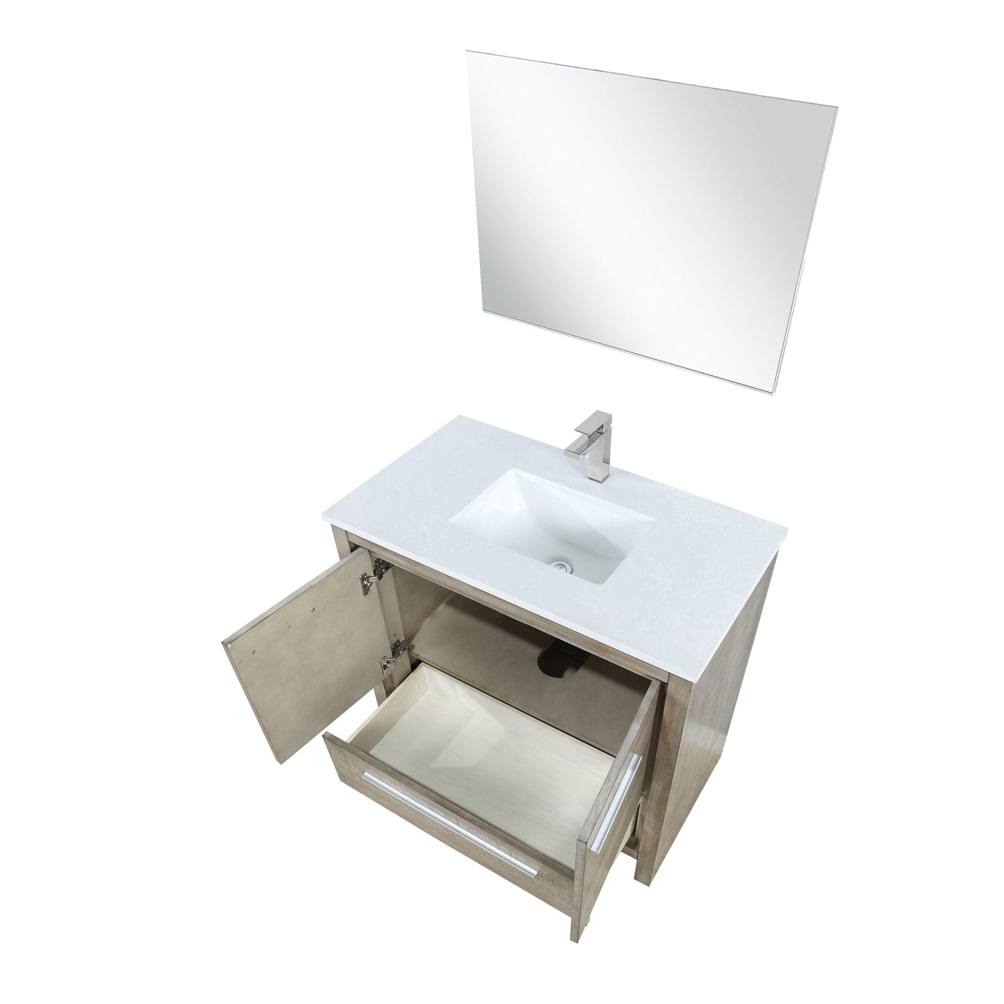 Lexora Collection Lafarre 36 inch Rustic Acacia Bath Vanity, White Quartz Top, Faucet Set and 28 inch Mirror - Luxe Bathroom Vanities