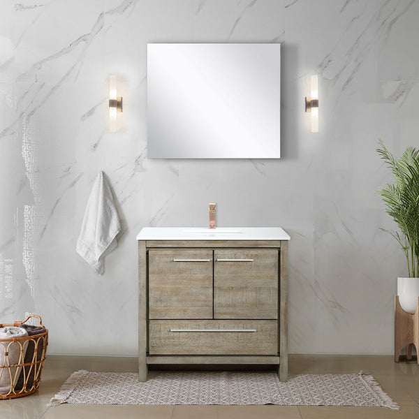 Lexora Collection Lafarre 36 inch Rustic Acacia Bath Vanity, White Quartz Top, Faucet Set and 28 inch Mirror - Luxe Bathroom Vanities