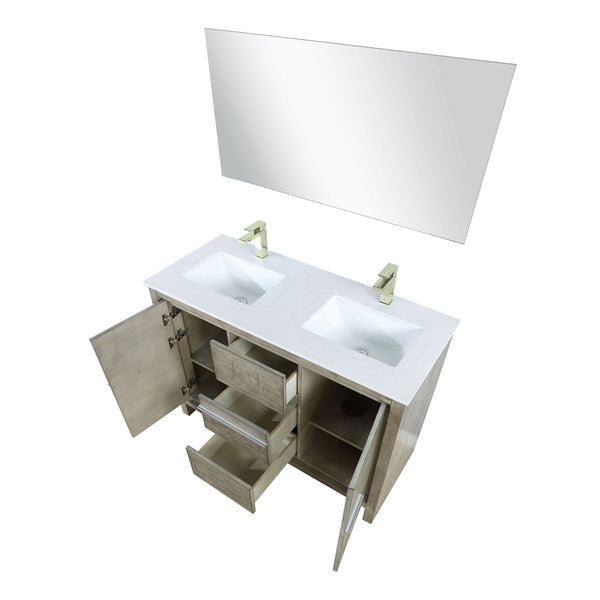 Lexora Collection Lafarre 48 inch Acacia Double Bath Vanity, Cultured Marble Top, Faucet Set and 43 inch Mirror - Luxe Bathroom Vanities
